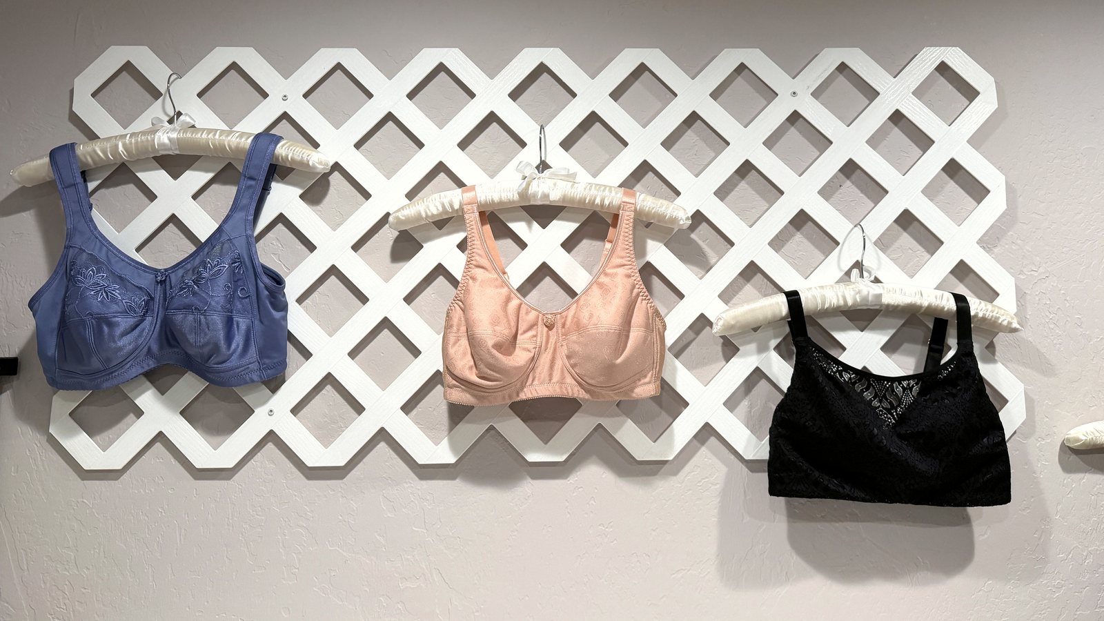 Blue, blush and black mastectomy bras hanging on a white lattice in the Active Medical fitting room