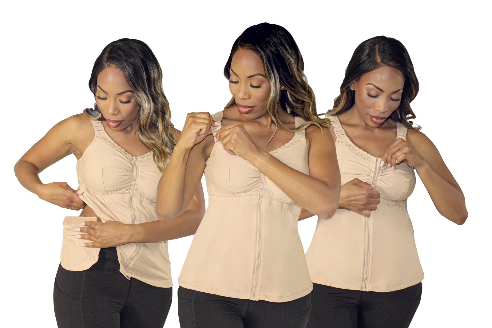 Model fastening a beige zip-front post-surgical camisole with a removable drain pocket